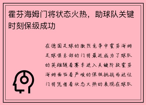 霍芬海姆门将状态火热，助球队关键时刻保级成功