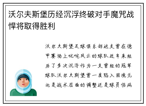 沃尔夫斯堡历经沉浮终破对手魔咒战悍将取得胜利