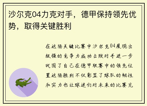 沙尔克04力克对手，德甲保持领先优势，取得关键胜利